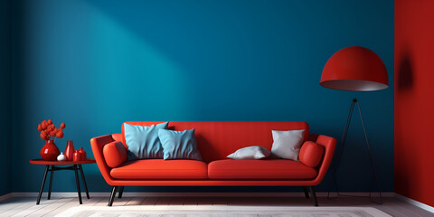 red sofa in a room of blue color, Living room with modern modern designs, Blue Colour Wall  and red sofa, generative Ai