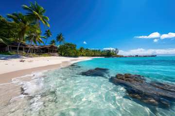 Sunny beach with coconut tree overlooking island and cloudy blue sky clean beachfront