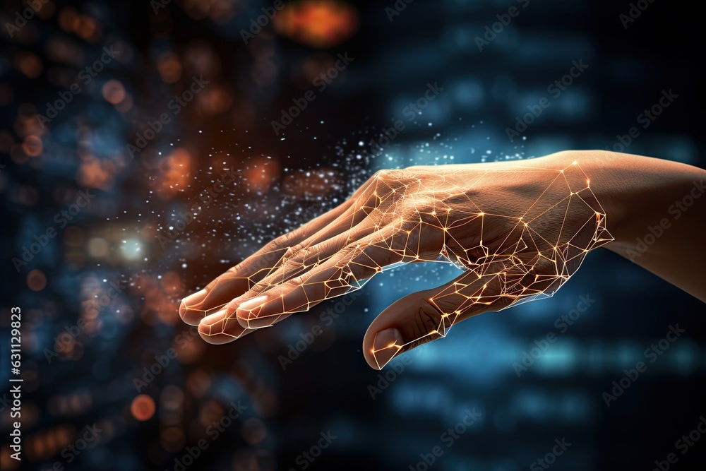 Poster hand holding of global data network, big data visualization of futuristic and block chain, financial