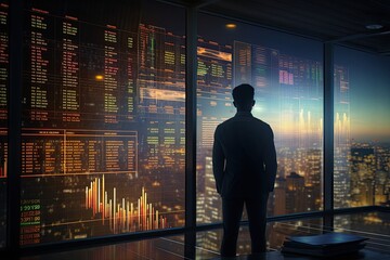 Fototapeta na wymiar Young CEO businessman looking at futuristic economy analitycs on office windows during sunrise