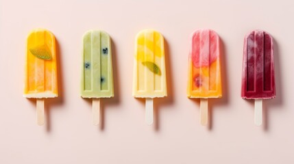 Top view of fruit popsicles on a stick. Fruit ice creams in different colors isolated on a flat pastel yellow background with copy space