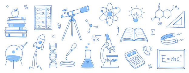 Doodle science, education school icon. Hand drawn sketch style doodle science background. School chemistry, physics education, biology concept icon. Hand drawn line vector illustration.