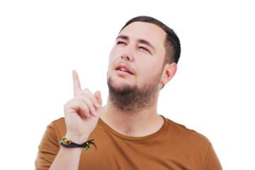 Man, thinking and or remember ideas or confused by question, why or planning on isolated, transparent or png background. Doubt, face and guy with hand for solution, problem solving or brainstorming