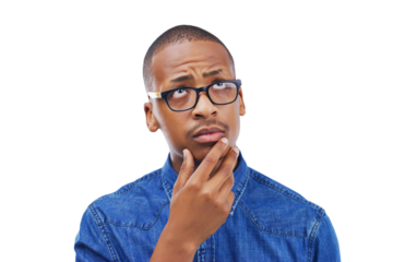 Black man, thinking and or remember ideas or confused by question, why or planning on isolated, transparent or png background. Doubt, guy or hand on face with problem solving, brainstorming or memory