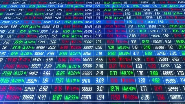 Stock quotes scrolling on large screens at exchanges