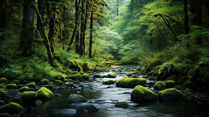 Fototapeta premium a stream running through a lush green forest filled with rocks. generative ai