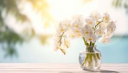 white orchid flower decoration in a glass vase with sunlight on wooden table with copy space, floral spa background with spirit of purity