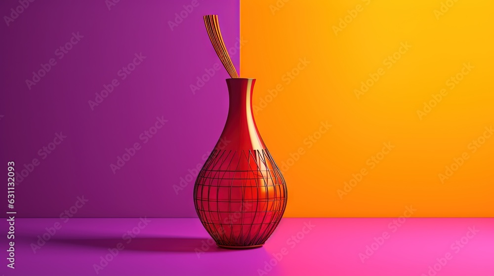 Poster a red vase with a straw in it on a table. generative ai