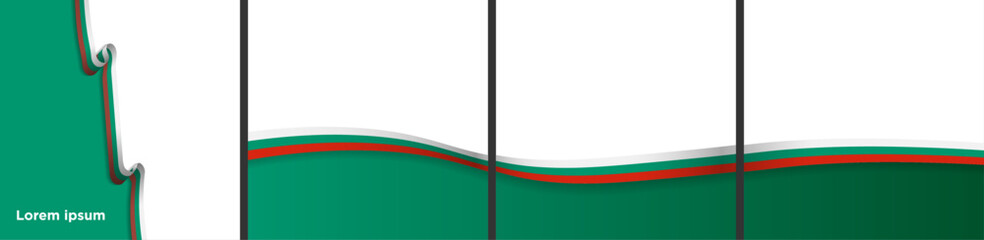 Set of Bulgarian Flag templates with continuous Bulgarian flag on three card templates. One ribbon flag card. Perfect for frames, social media posts, brochures, banners, greeting cards. Vector EPS 10. - obrazy, fototapety, plakaty