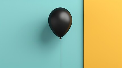 a black balloon floating on top of a blue and yellow wall.  generative ai