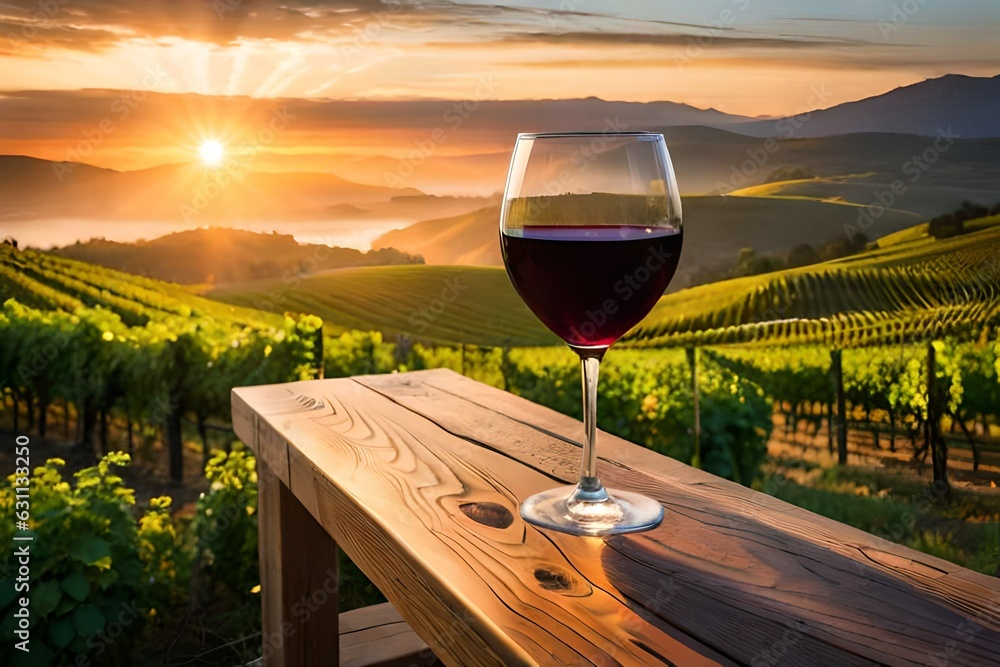 Wall mural amidst a vast vineyard stretching as far as the eye can see, a glass of rich red wine sits atop a ru