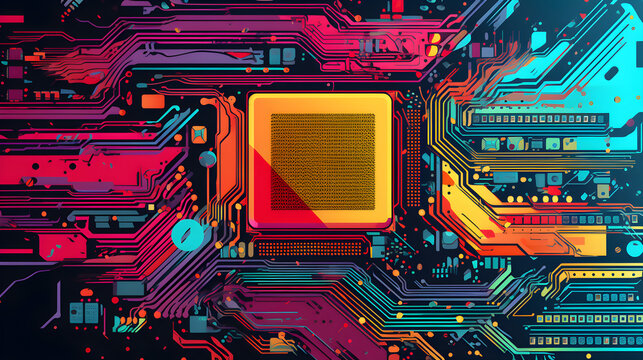 A vibrant close-up of a pop art microchip embedded on a colorful circuit board, representing advanced technology. Ideal for concepts of computing, electronics, data processing, and the future of tech.
