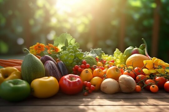 fresh fruits with fresh vegetables on wooden table with blurred background of garden and sunlight. generative ai