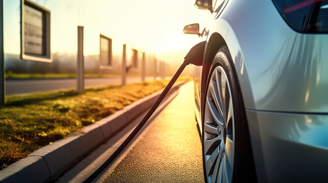 Charging a modern electric car on the road in an external charging station.