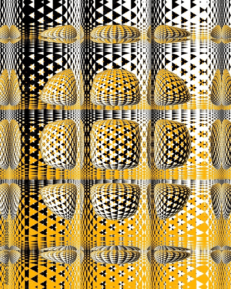 Poster yellow gold black and white ice-cube style distortion of many spherical 3d objects