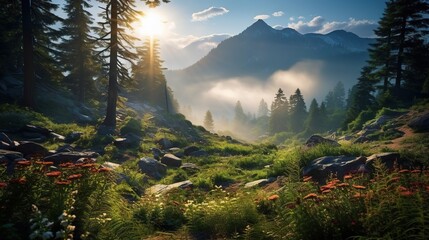  the sun shines through the clouds over a mountain meadow.  generative ai