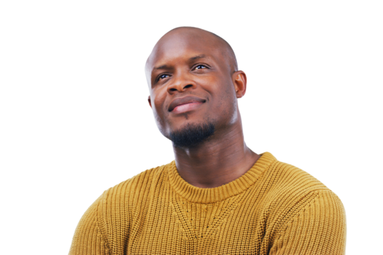 Idea, thinking and black man with solution, emoji and planning isolated on a transparent background. Png, male person and African model with questions, brainstorming and future with problem solving