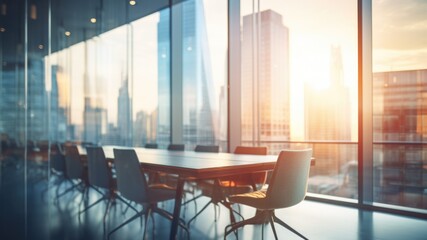 Blurred modern office meeting room in the morning, a city skyline view over an empty conference table