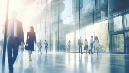 Blurred business people walking in office building hallway