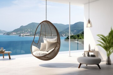 Modern loft style terrace with rattan swing chair overlooking sea view
