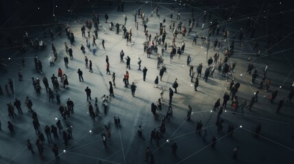 Obraz premium top view of crowd people connected by lines, AI Generated