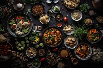 Several Chinese cuisines on a dark backdrop. Asian cuisine idea. looking up. Horizontal banner. Generative AI