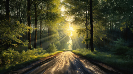 Fototapeta premium A scenic dirt road winding through a lush forest