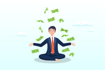 Calm businessman meditating with falling money banknotes income, money or financial mindset, get rich or ambition to growth revenue, success investment and savings, attitude to grow business (Vector)