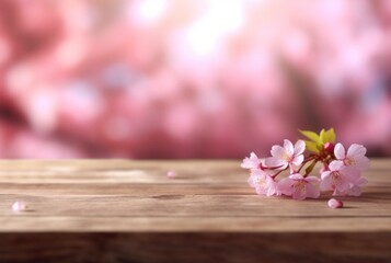 wooden table with cherry blossom in the background. Generative Ai