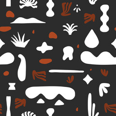 Hand drawn vector abstract graphic drawing seamless pattern design,concept contemporary art with decorative organic shapes and cactus in simple style for wall art.Abstract modern seamless pattern.