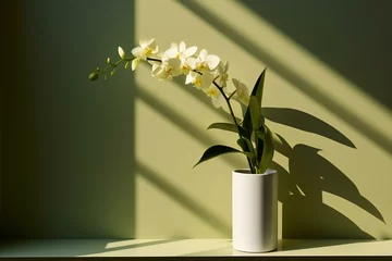 Fotobehang Orchid's Silhouette: Light Rays & Fresh Greens, Generative AI © dariaren