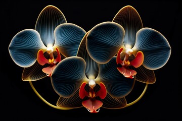 Glowing Trio of Exotic Orchids on Black, Generative AI