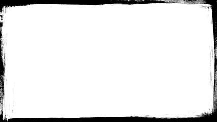 Grunge painted frame background texture. Vintage distressed black and white abstract artistic acrylic paint border. Blank 8k 16:9 empty isolated grungy rough brush stroke corner design backdrop..