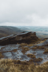 Mountain landscape in the Peak District National Park, England, Kinder Scout, hiking path and hills