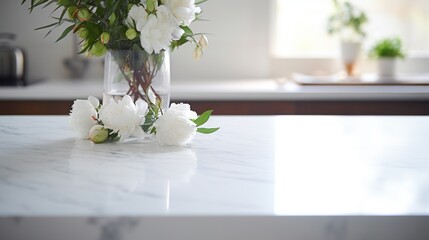 a glass vase with flowers on a marble countertop in a kitchen.  generative ai