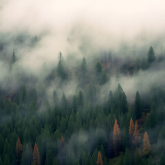 Forest on mountainside among low clouds. Atmospheric view to rocky mountains with conifer trees in dense fog and river.