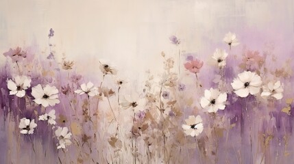  a painting of white and purple flowers on a white background.  generative ai