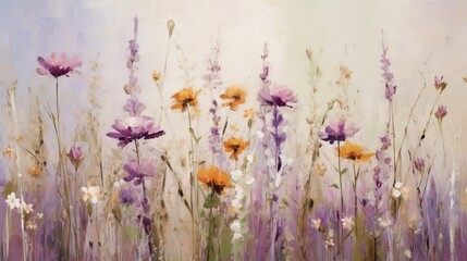  a painting of a field of flowers with purple and yellow flowers.  generative ai