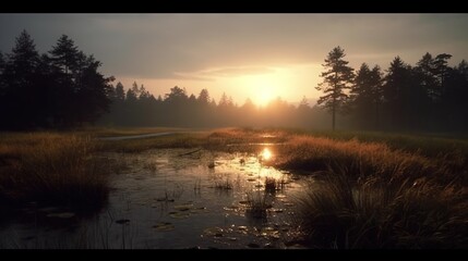  the sun is setting over a marshy area with water.  generative ai