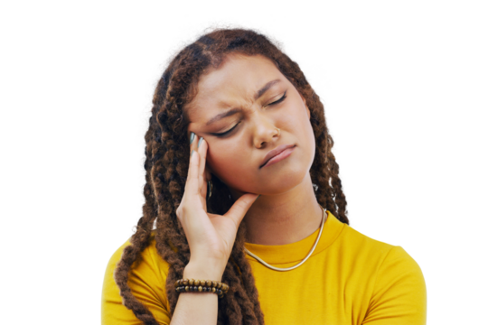Woman, student headache and stress, confused or doubt for university debt or college decision. African person with depression, pain or sad for education fail isolated on transparent png background