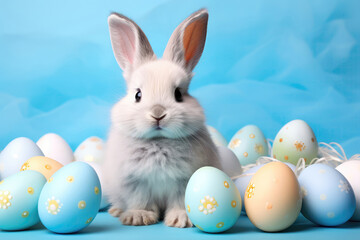 Cute Bunny, Around Painted Easter Eggs On Light Blue Background, Cartoony. Generative AI