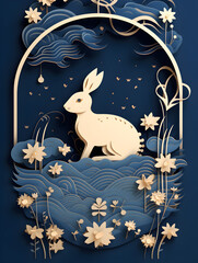 Chinese zodiac papercut art with moon and rabbit on the blue background 