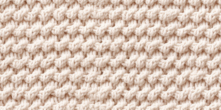 Handmade seamless pattern of light pastel beige yarn threads, loops of yarn in thread tile ornament, repeat multicolored knitting close-up tile texture. 3d render realistic illustration style.