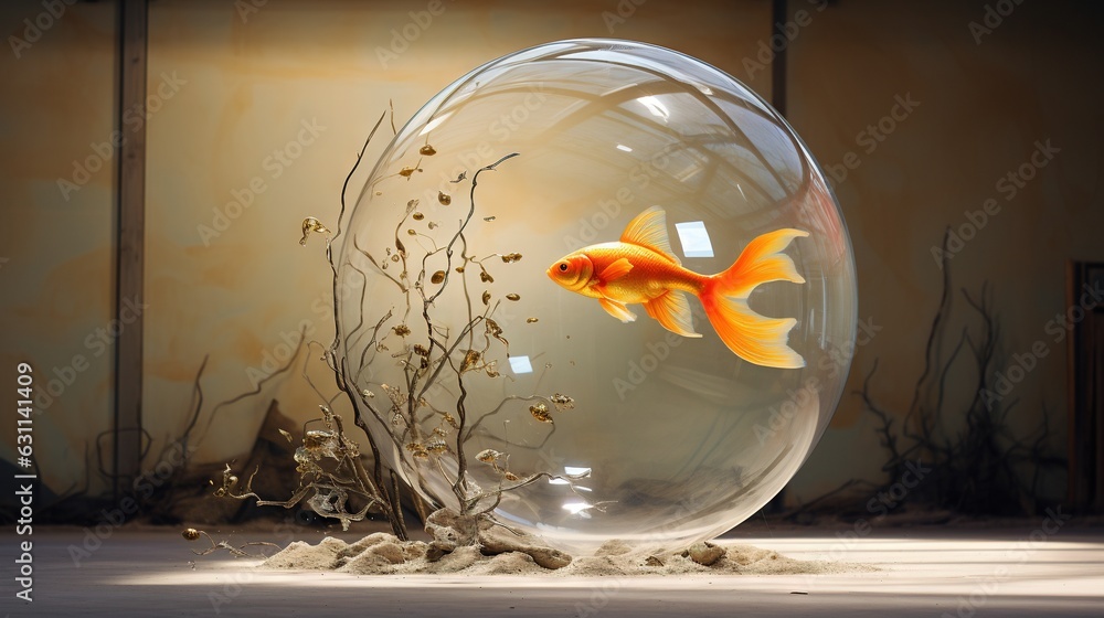 Wall mural  a goldfish in a fish bowl with a plant in it.  generative ai - Wall murals