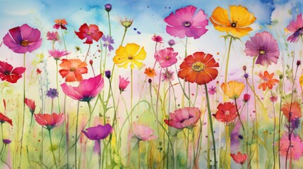 Wildflowers field, floral with vivid colorful flowers, watercolor horizontal. Botanical AI illustration. Landscape, background. Paint design for natural wallpaper.