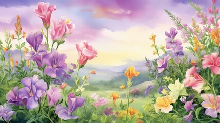 Fototapeta premium Wildflowers field, floral with vivid colorful flowers, watercolor horizontal. Botanical AI illustration. Landscape, background. Paint design for natural wallpaper.