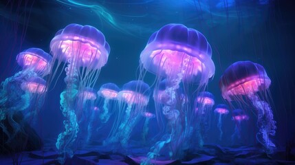 Jellyfish underwater background. Glowing Transparent jelly fish swim deep in blue sea. Realistic Medusa neon fantasy Detailed deep ocean creature. AI illustration.