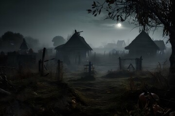 Dark creepy old village in fog