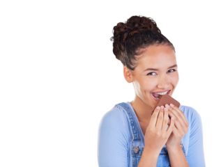 Chocolate, eating and portrait of happy woman with candy isolated on a transparent png background, Food, dessert and face of person with cacao, sugar and hungry for confectionery sweets with smile.