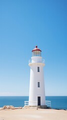 Fototapeta na wymiar Radiant White Lighthouse on Clear Blue Sea and Sky Background. Generative ai